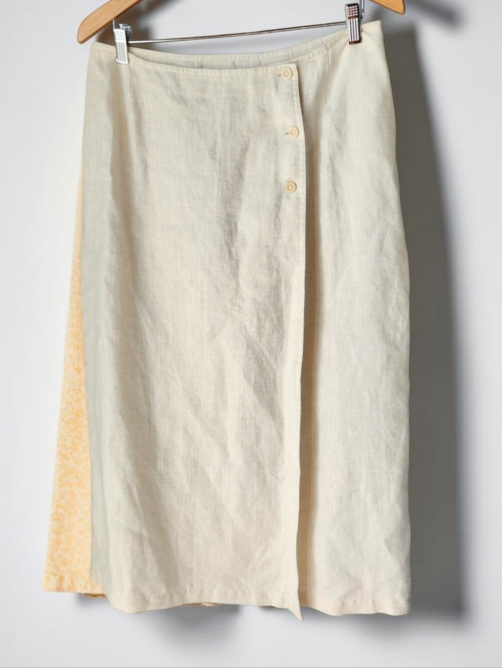 Liz Sport Irish Linen Wrap Midi Skirt Womens 10 Beige Button Close Minimalist